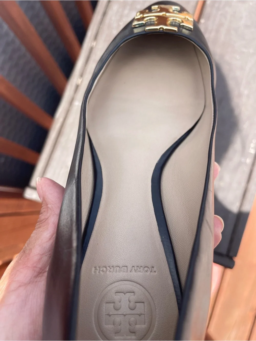 Tory Burch Black Leather Flats with Gold Logo